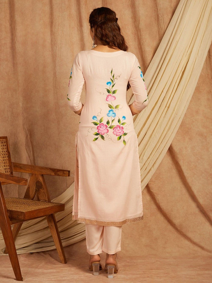 Pink-Cotton-Hand-Painted-Floral-3-Piece-Kurta-Set