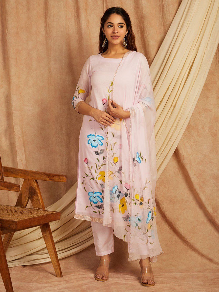 Pink-Cotton-Hand-Painted-Round-Neck-3-Piece-Kurta-Set