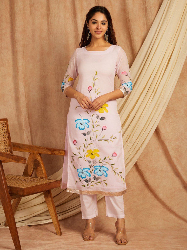 Pink-Cotton-Hand-Painted-Round-Neck-3-Piece-Kurta-Set