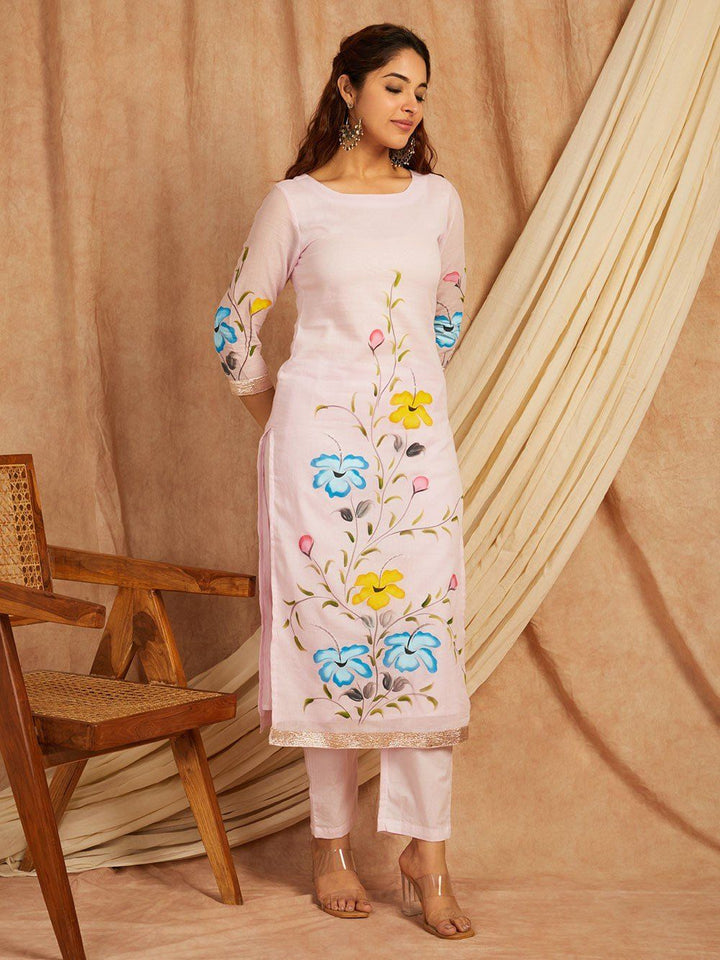 Pink-Cotton-Hand-Painted-Round-Neck-3-Piece-Kurta-Set