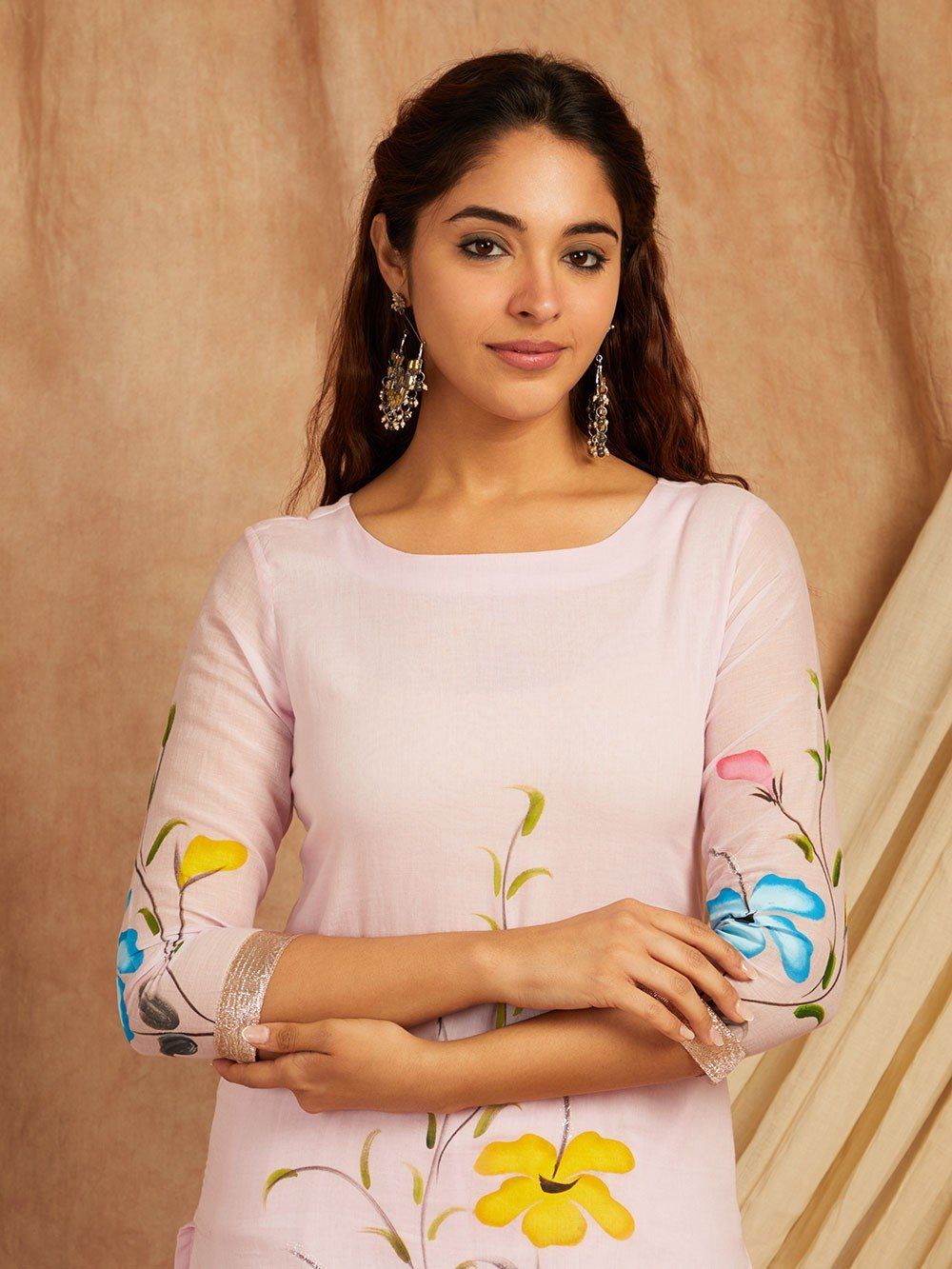 Pink-Cotton-Hand-Painted-Round-Neck-3-Piece-Kurta-Set