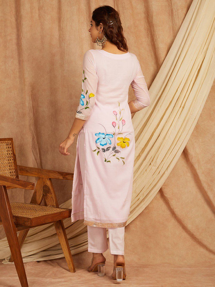 Pink-Cotton-Hand-Painted-Round-Neck-3-Piece-Kurta-Set