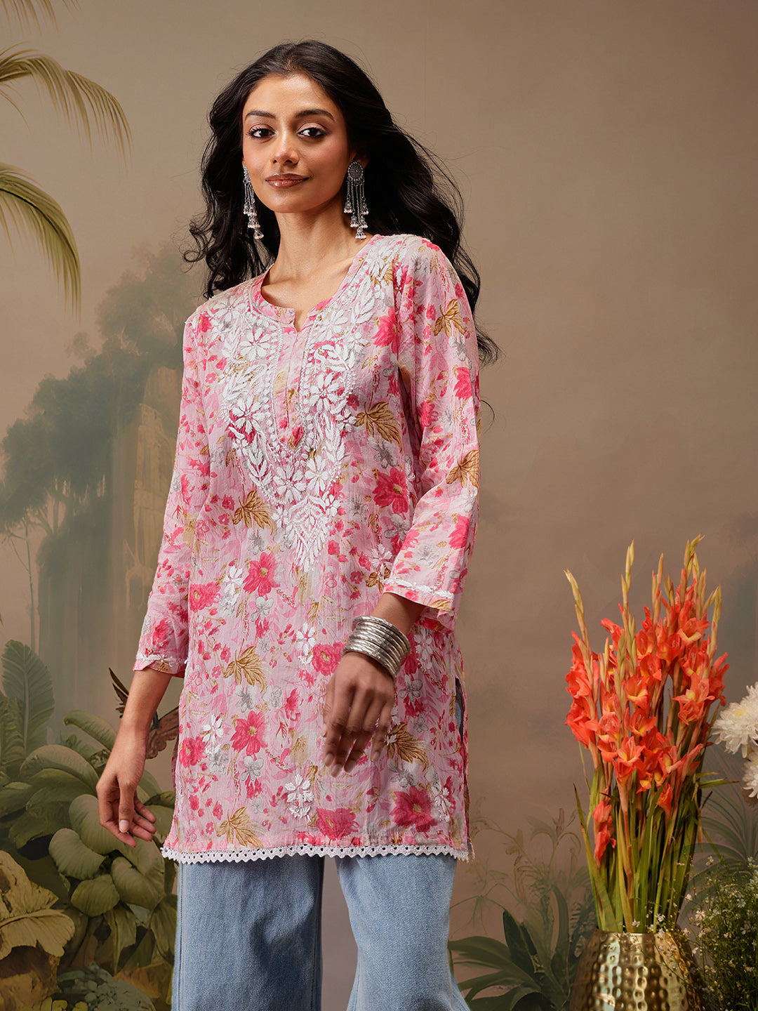 Pink Cotton Lucknowi Chikankari Tunic Only