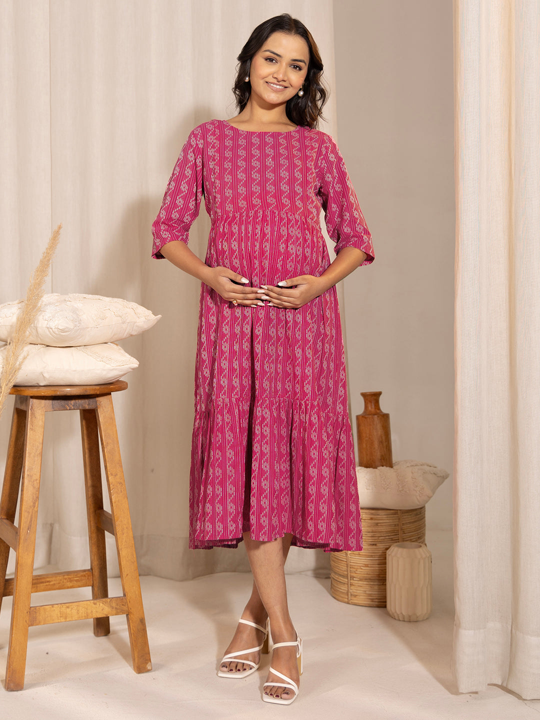 Pink-Cotton-Tiered-Maternity-Dress
