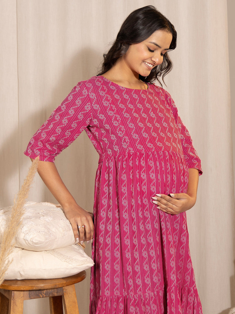 Pink-Cotton-Tiered-Maternity-Dress