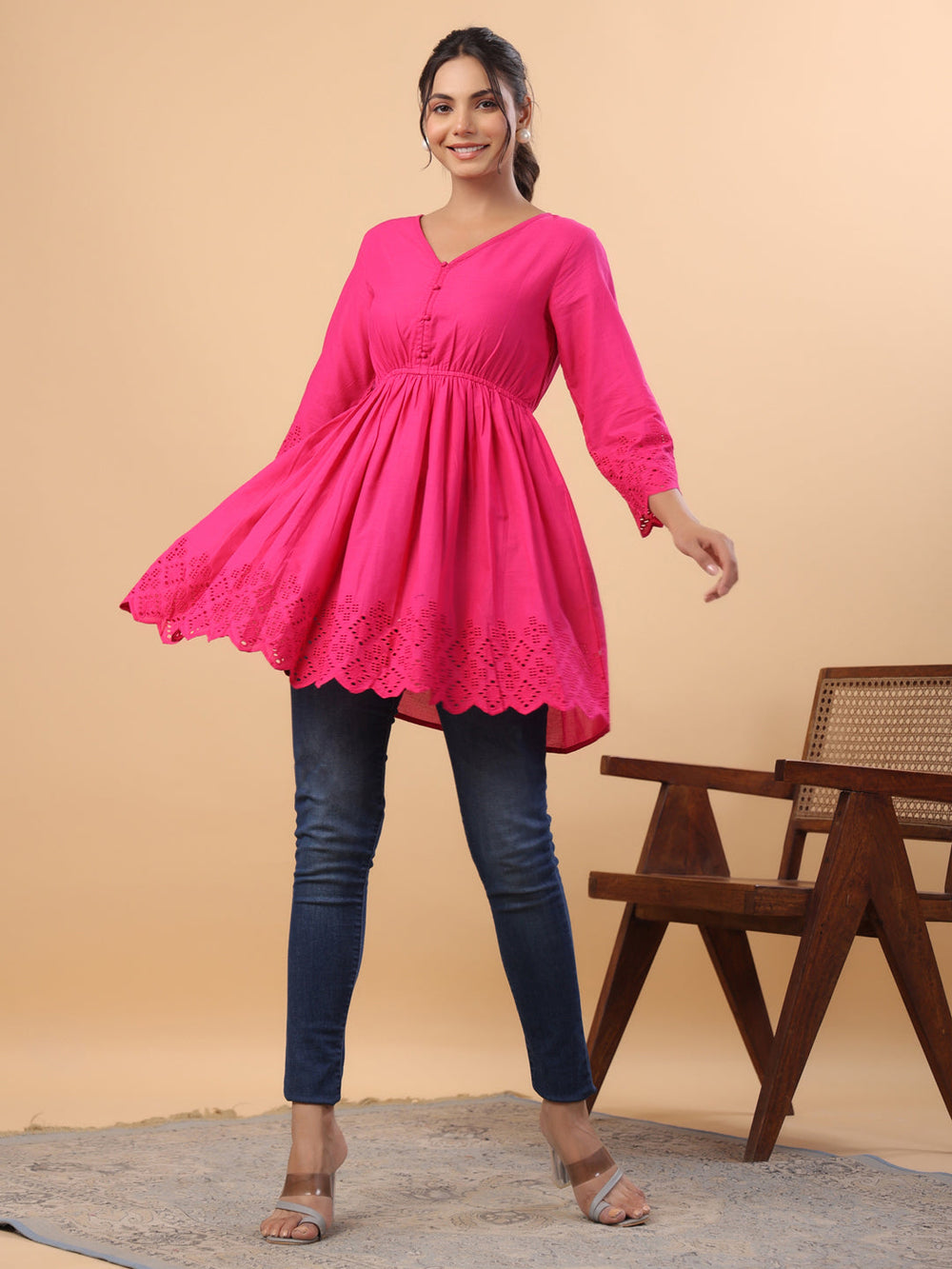 Pink-Cotton-V-Neck-Schiffli-Tunic