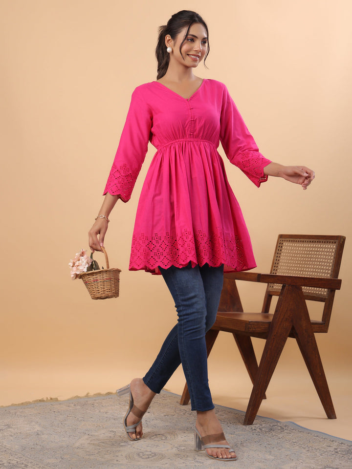 Pink-Cotton-V-Neck-Schiffli-Tunic