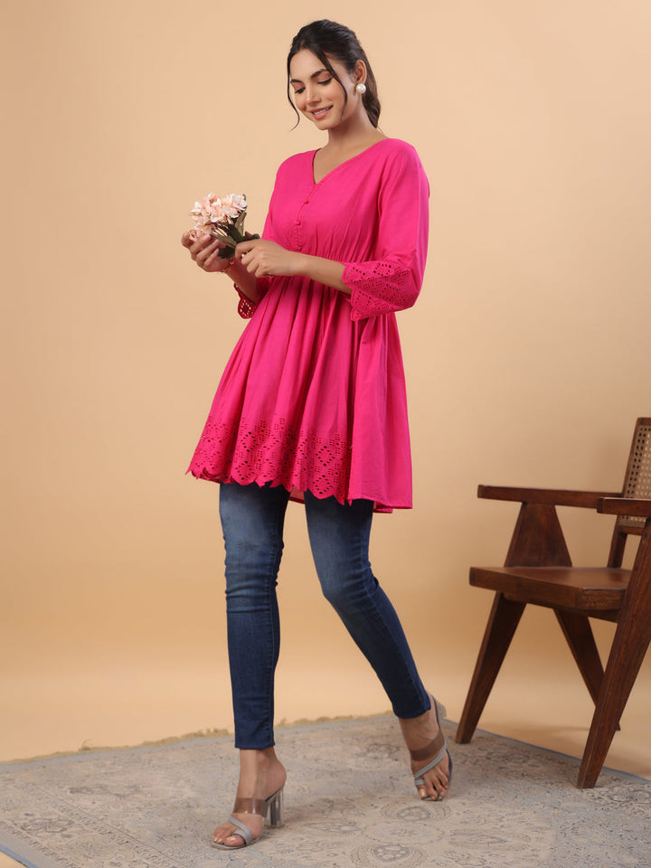 Pink-Cotton-V-Neck-Schiffli-Tunic