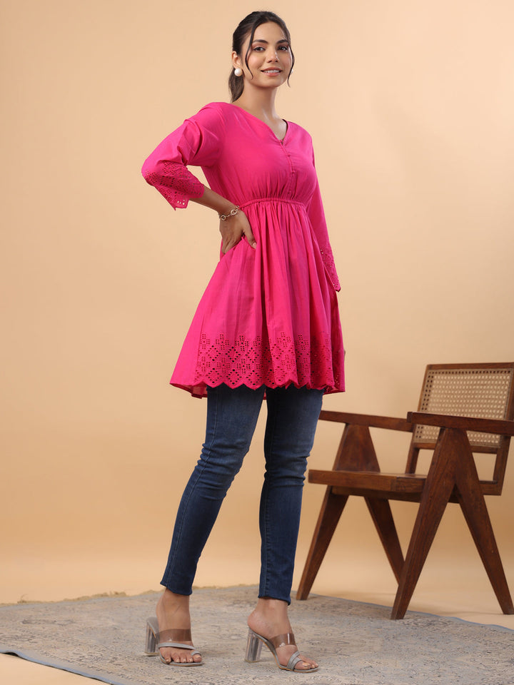 Pink-Cotton-V-Neck-Schiffli-Tunic