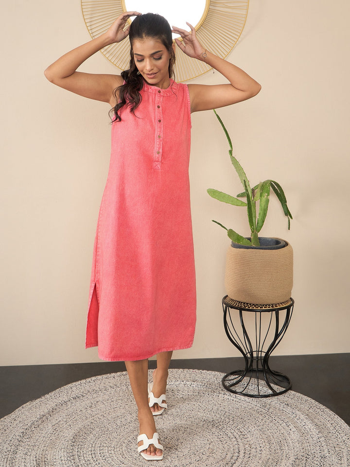 Pink-Denim-Kurta-Style-Midi-Dress