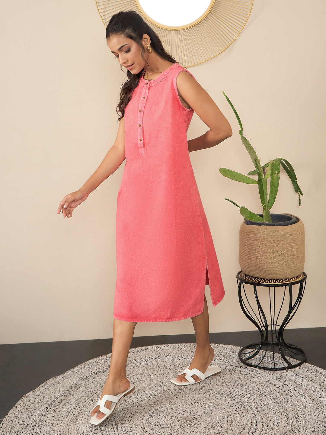 Pink-Denim-Kurta-Style-Midi-Dress