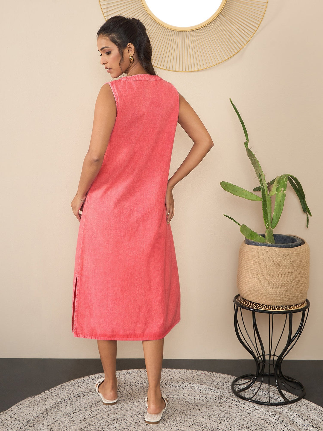 Pink-Denim-Kurta-Style-Midi-Dress