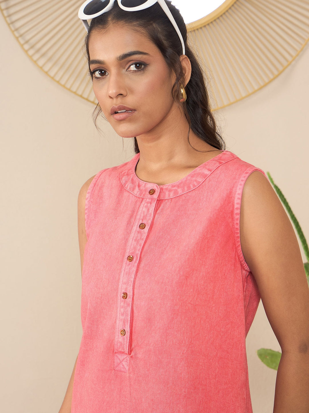 Pink-Denim-Kurta-Style-Midi-Dress