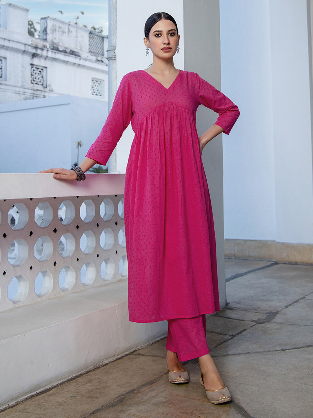 ZERESOUQ-Pink-Dobby-Cotton-Gathered-2-Piece-Kurta-Set