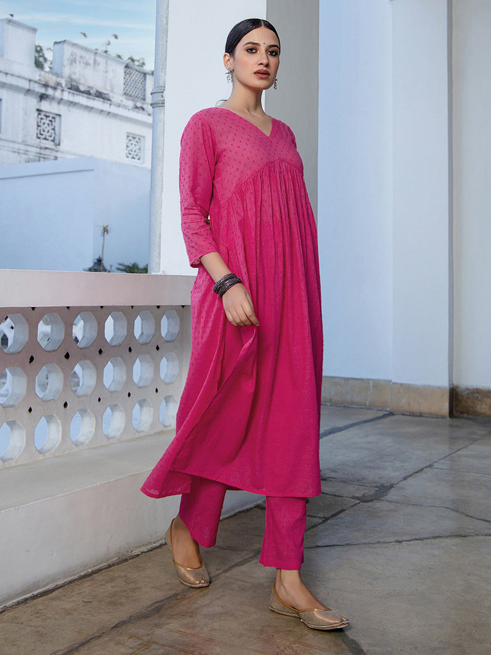 ZERESOUQ-Pink-Dobby-Cotton-Gathered-2-Piece-Kurta-Set