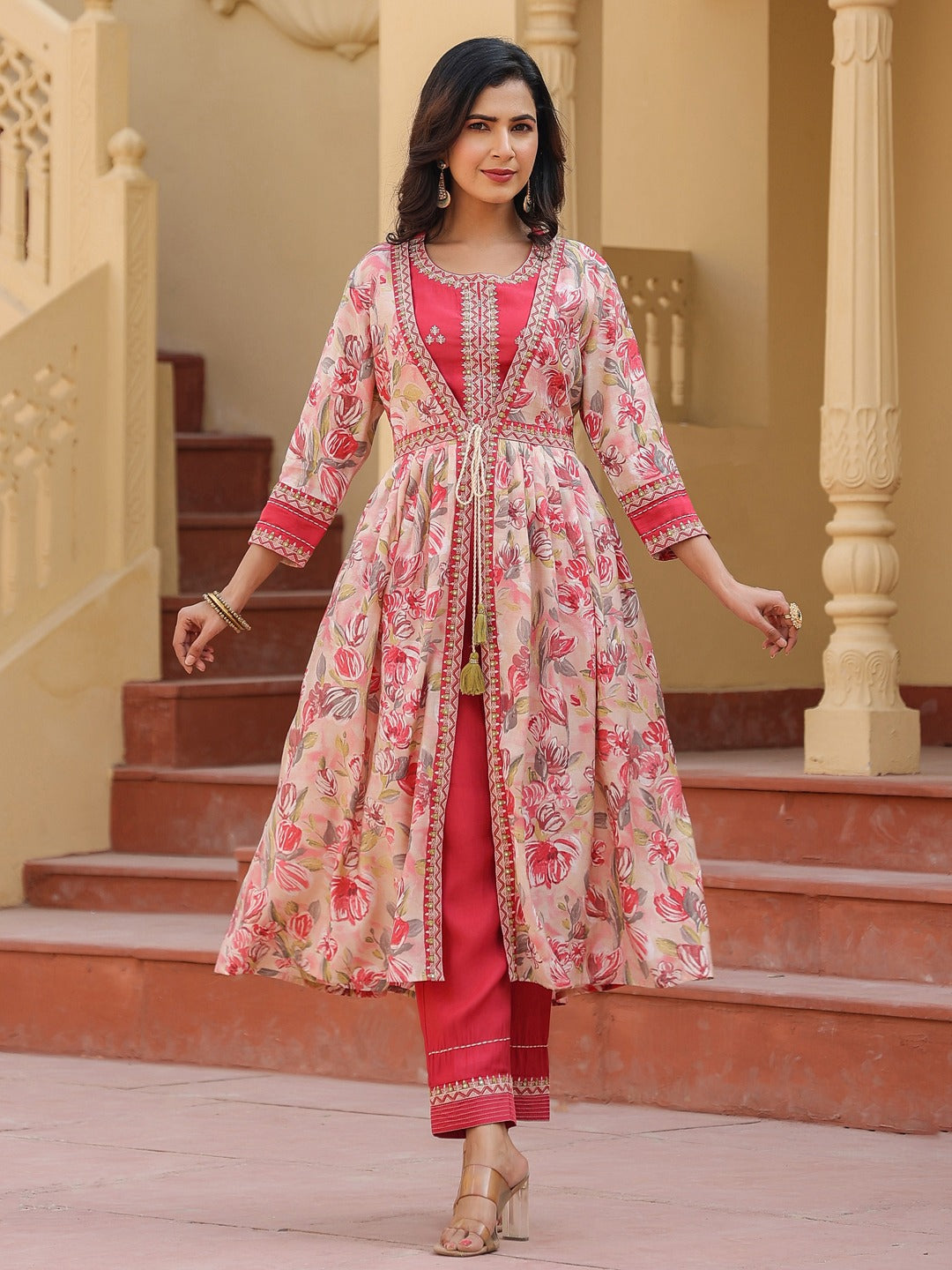 Pink-Chanderi-Silk-Embroidered-Shrug-Crop-Top-Co-Ord-Set