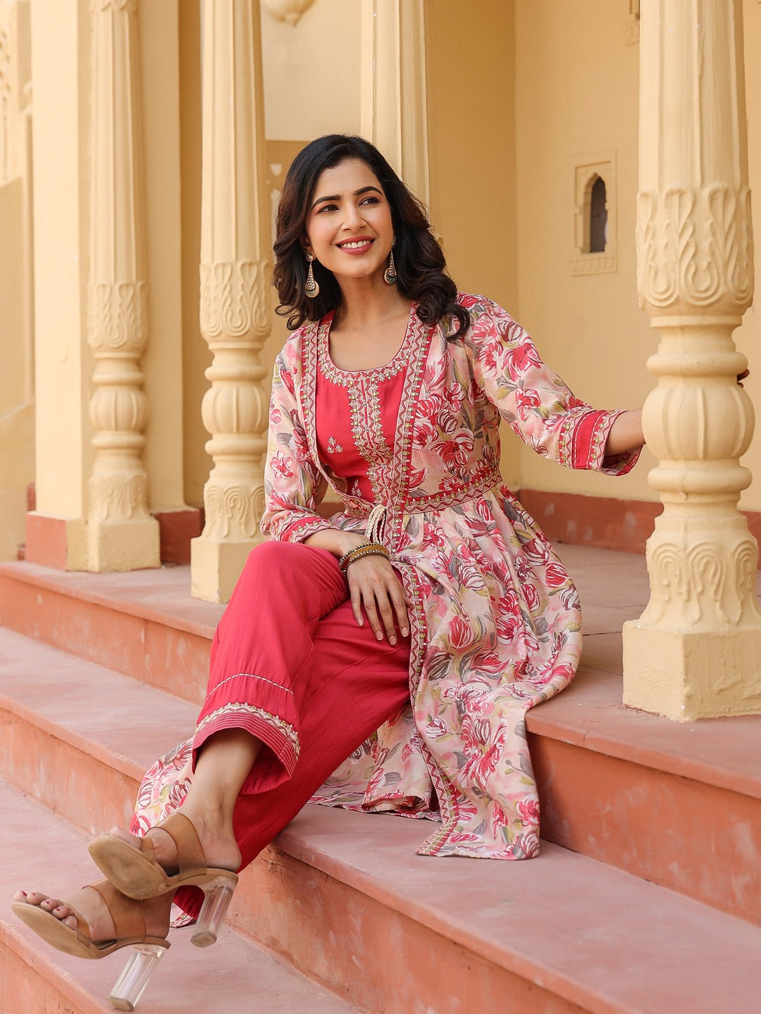 Pink-Chanderi-Silk-Embroidered-Shrug-Crop-Top-Co-Ord-Set