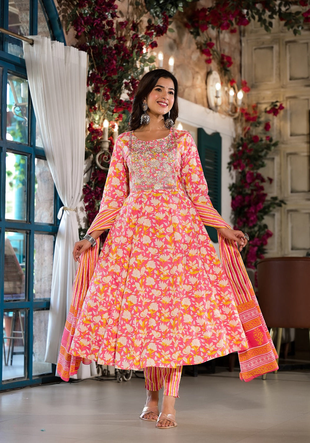 Pink-Cotton-Floral-Zari-Work-Anarkali-Set