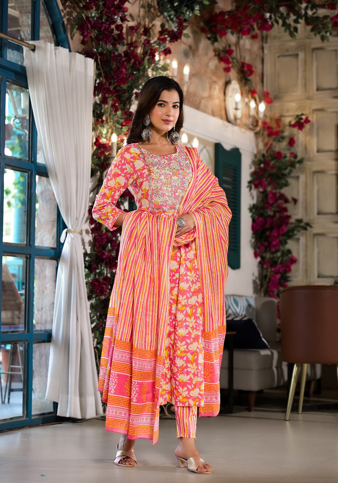 Pink-Cotton-Floral-Zari-Work-Anarkali-Set