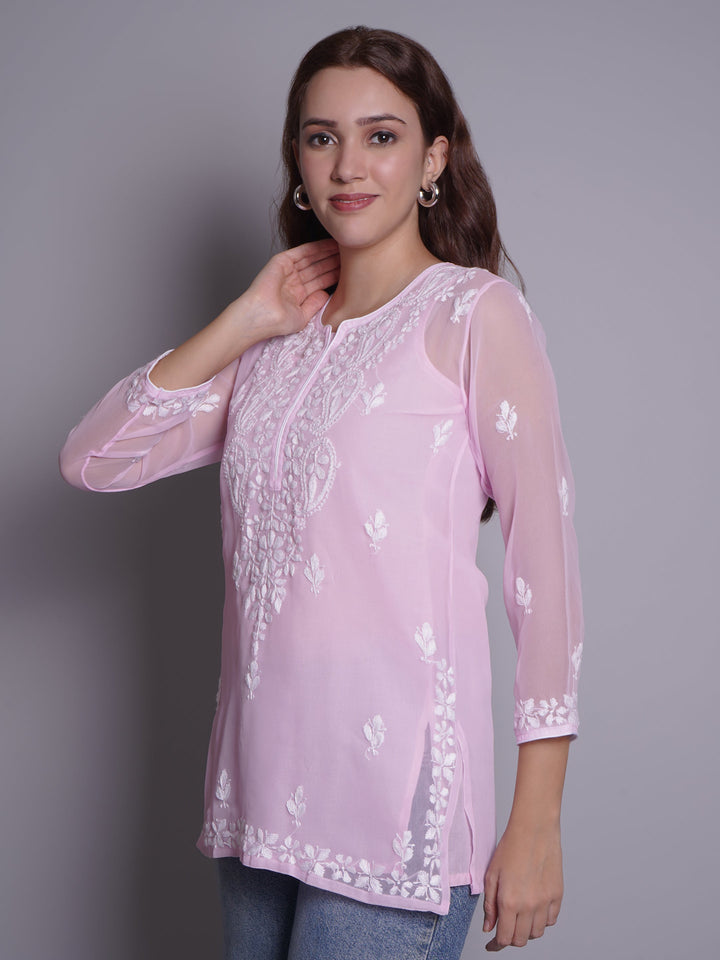 Pink-Georgette-Chikankari-Short-Tunic-With-Slip