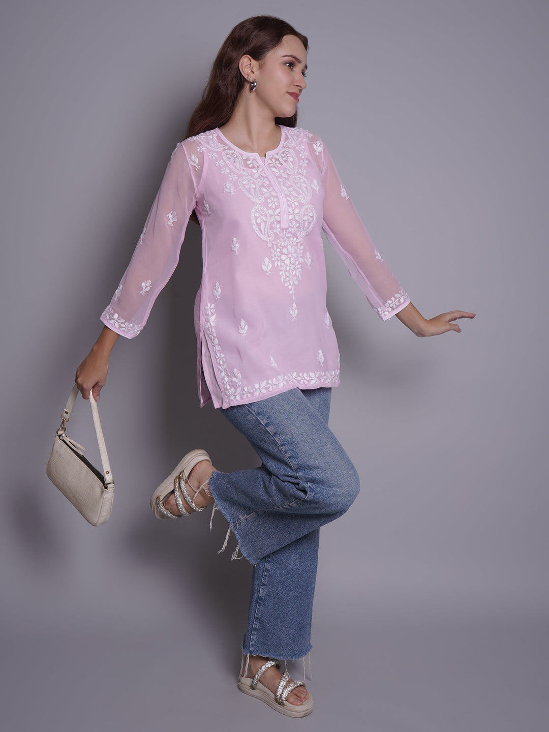 Pink-Georgette-Chikankari-Short-Tunic-With-Slip