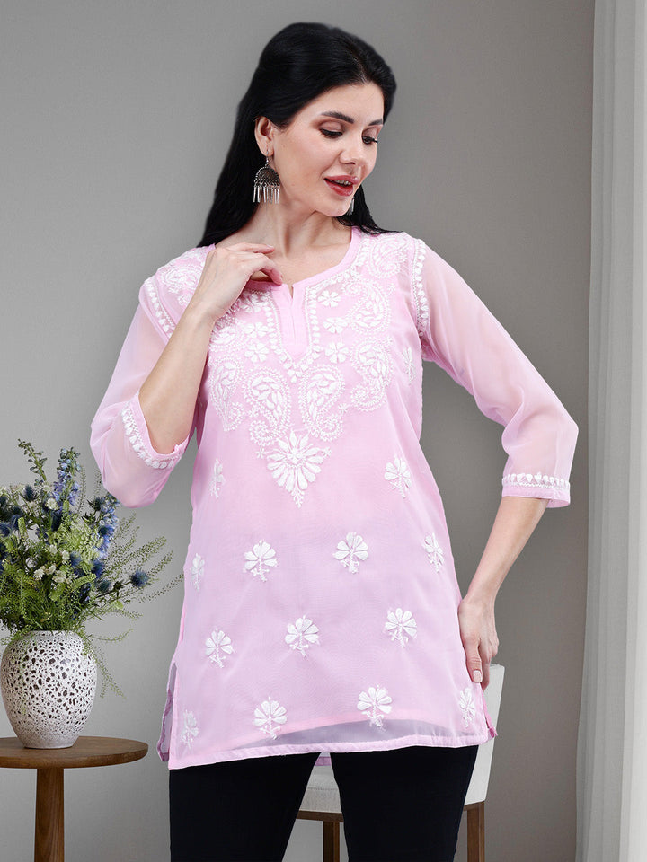 Pink-Georgette-Chikankari-Short-Tunic-with-Inner-Slip