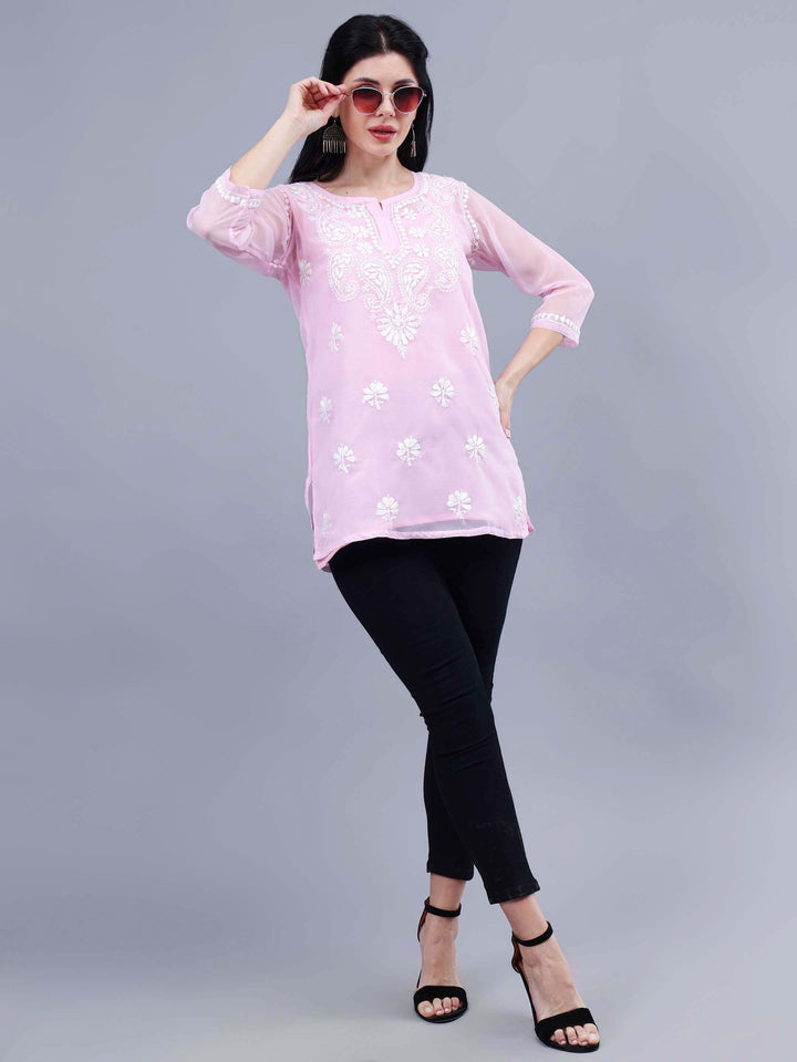 Pink-Georgette-Chikankari-Short-Tunic-with-Inner-Slip