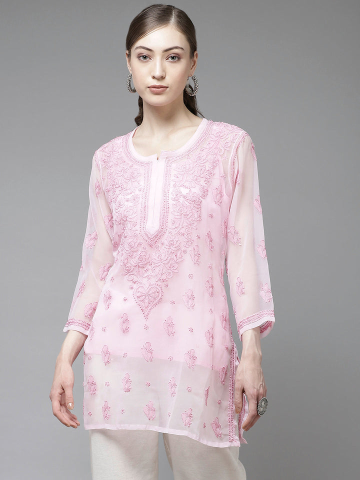 Pink Georgette Chikankari Tunic With Slip