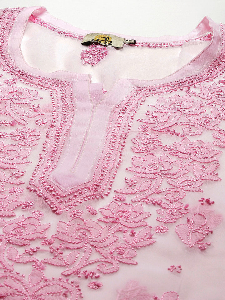 Pink Georgette Chikankari Tunic With Slip
