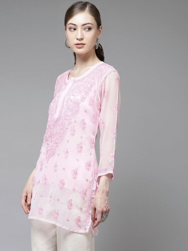 Pink Georgette Chikankari Tunic With Slip