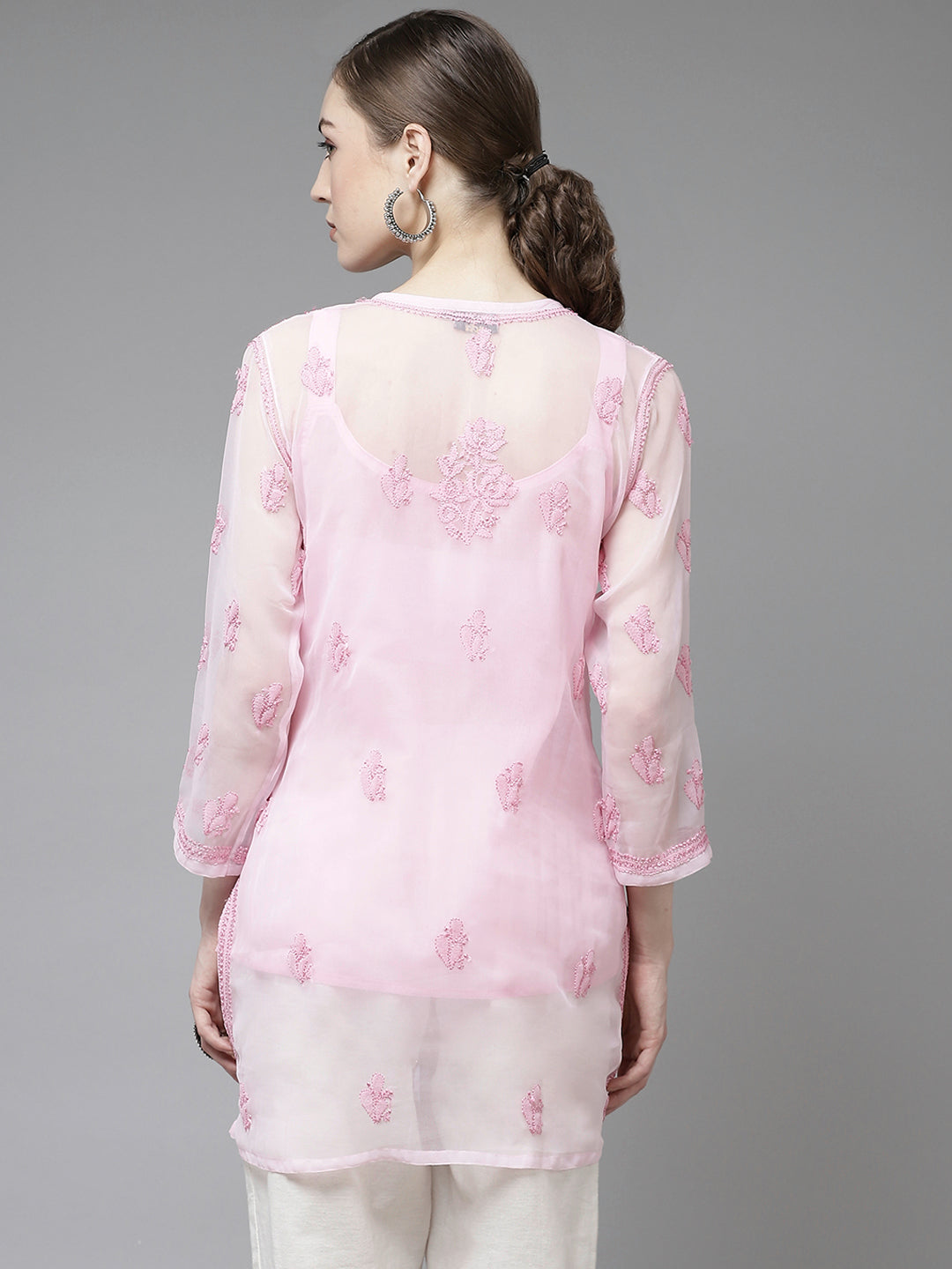 Pink Georgette Chikankari Tunic With Slip