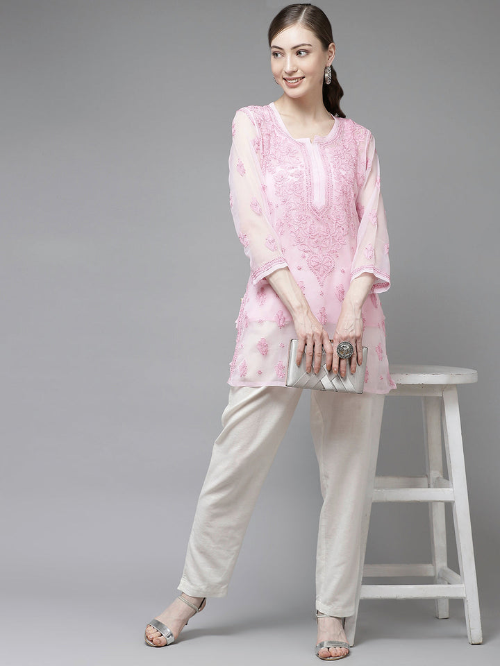 Pink Georgette Chikankari Tunic With Slip