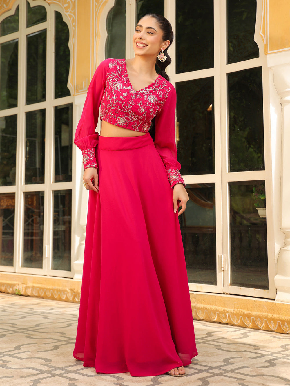 ZERESOUQ-Pink-Georgette-Embroidered-Skirt-Set