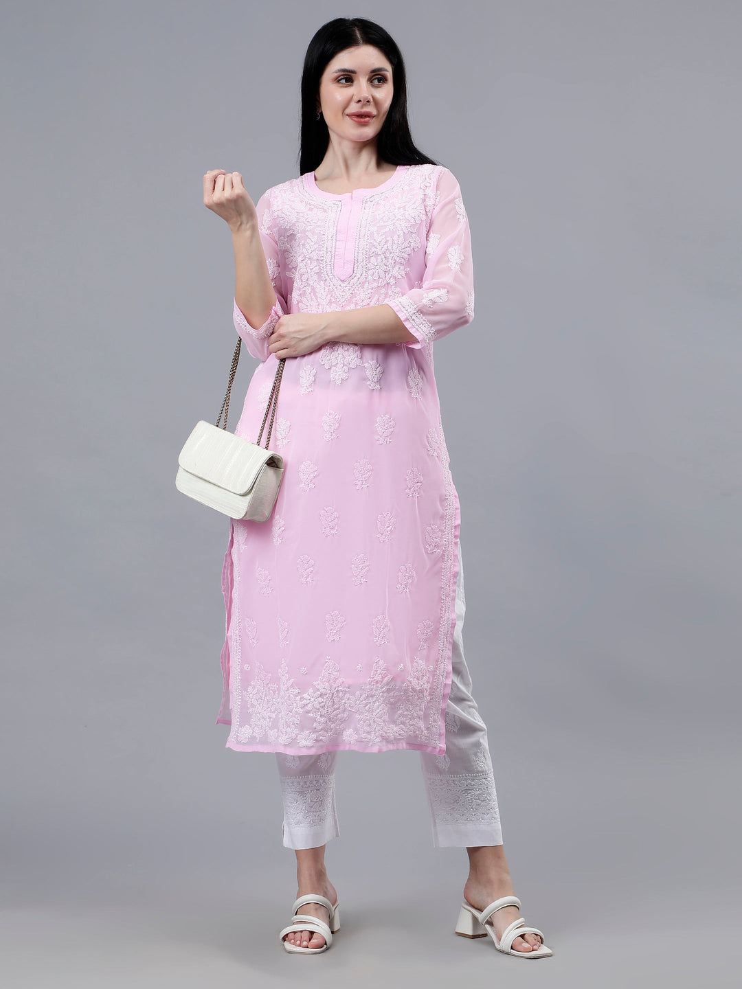 Pink-Georgette-Embroidery-Chikankari-Kurti-With-Slip