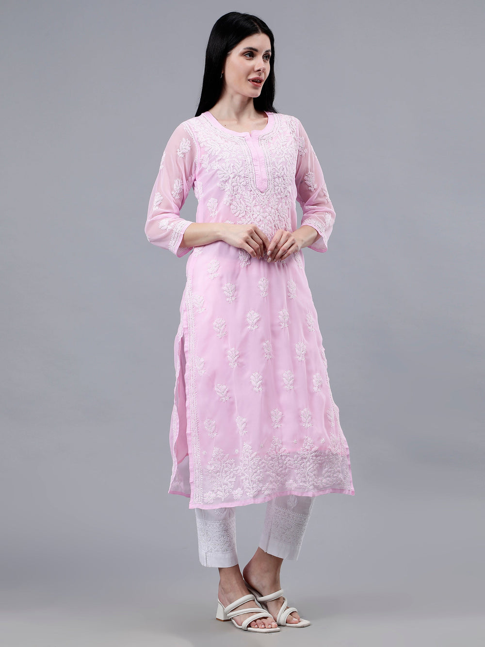 Pink-Georgette-Embroidery-Chikankari-Kurti-With-Slip