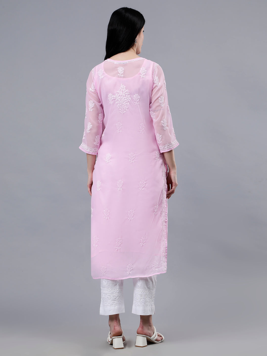 Pink Georgette Embroidered Chikankari Kurti With Slip