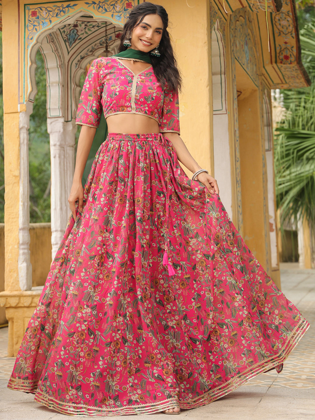 ZERESOUQ-Pink-Georgette-Floral-Elbow-Sleeves-Lehenga-Set