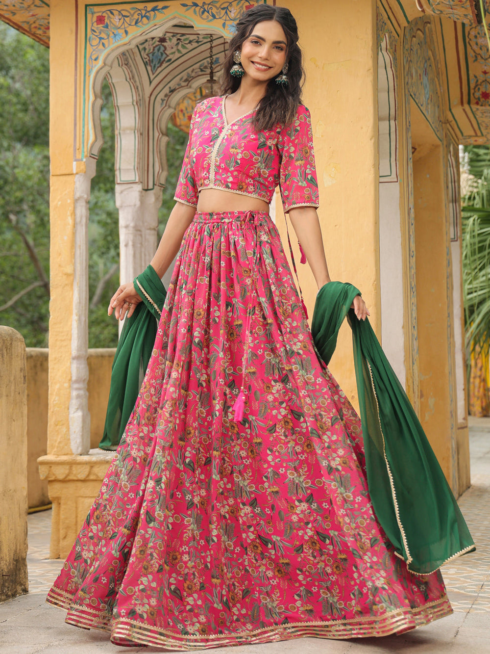 ZERESOUQ-Pink-Georgette-Floral-Elbow-Sleeves-Lehenga-Set