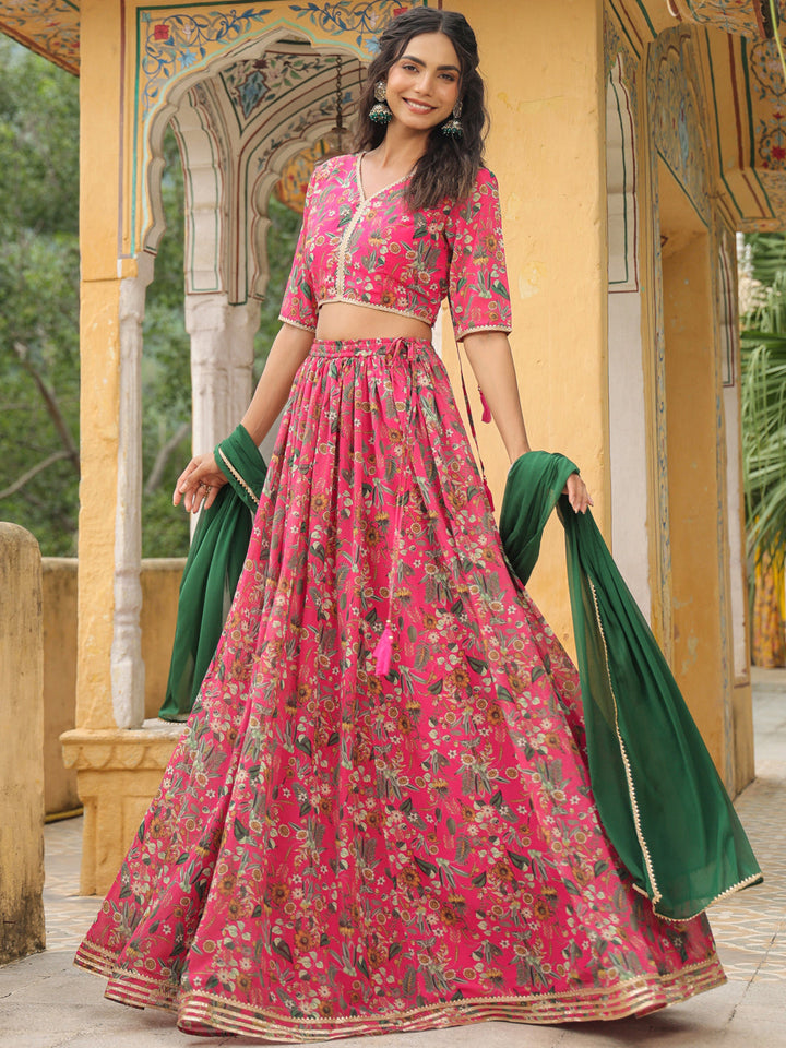 Pink-Georgette-Floral-Elbow-Sleeves-Lehenga-Set