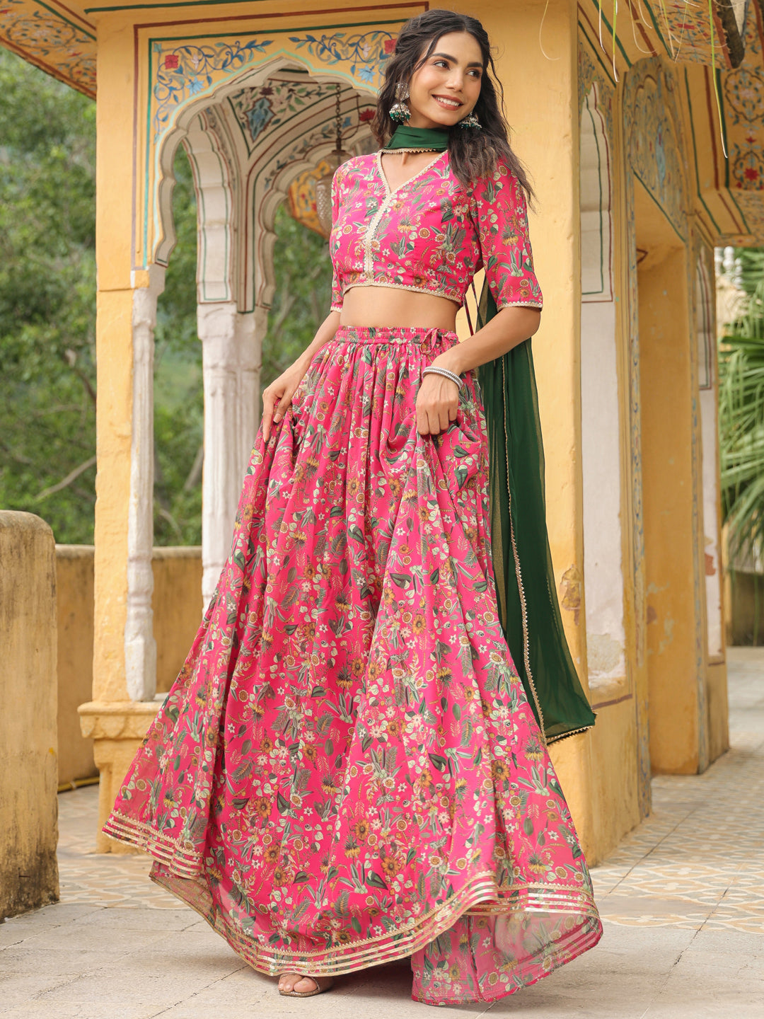 Pink-Georgette-Floral-Elbow-Sleeves-Lehenga-Set