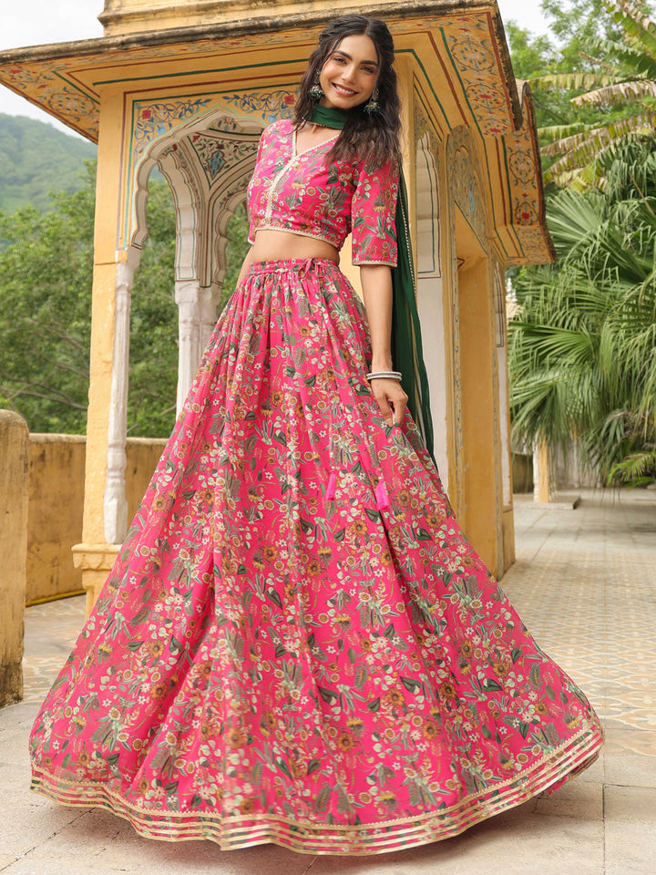 Pink-Georgette-Floral-Elbow-Sleeves-Lehenga-Set