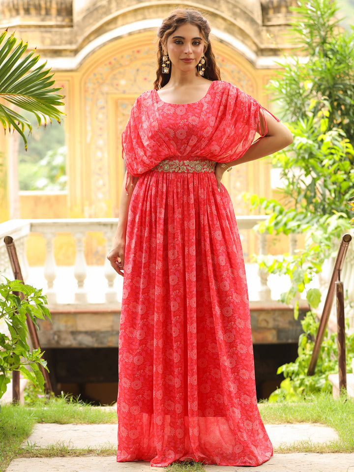 Pink-Georgette-Floral-Print-Flared-Gown