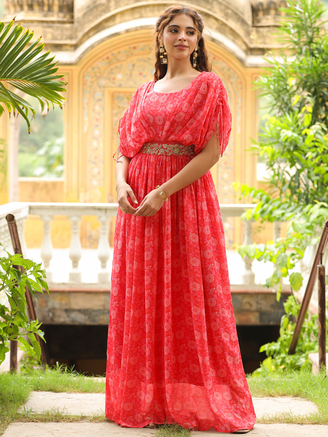 Pink-Georgette-Floral-Print-Flared-Gown