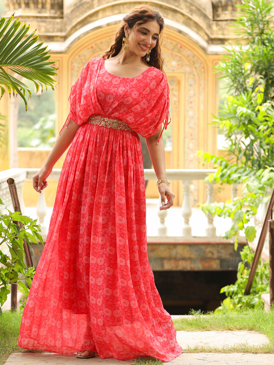 Pink-Georgette-Floral-Print-Flared-Gown