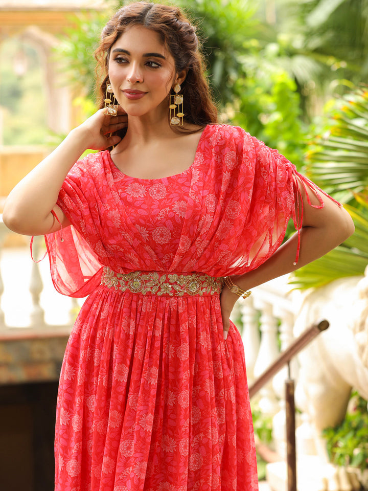 Pink-Georgette-Floral-Print-Flared-Gown