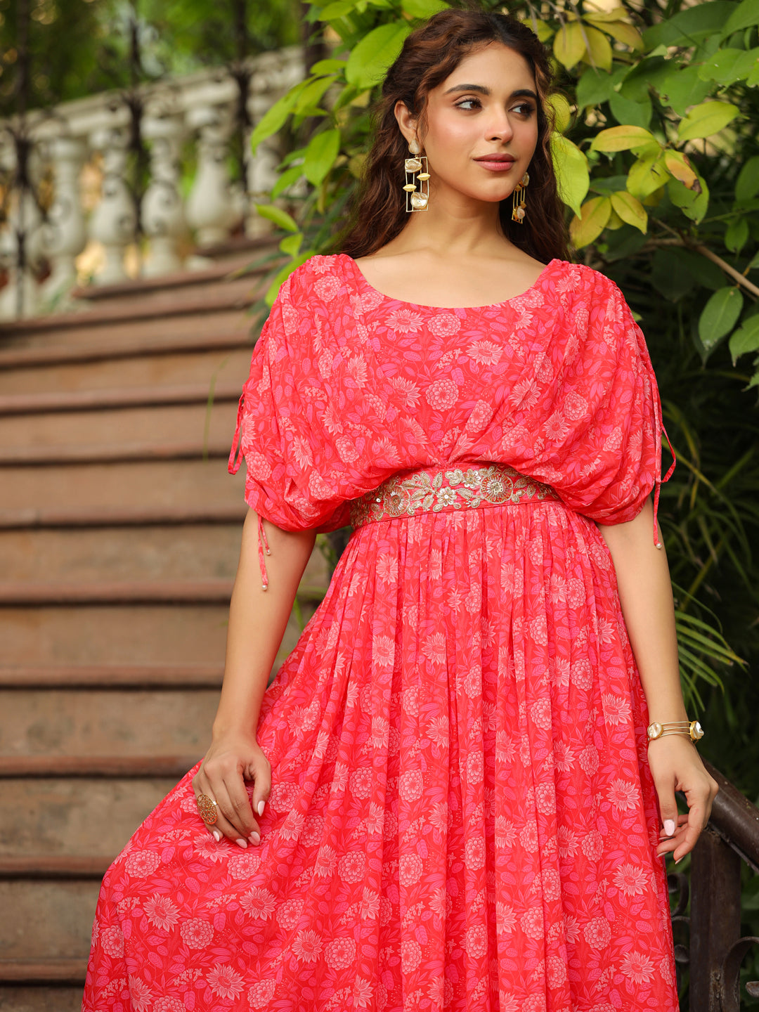 Pink-Georgette-Floral-Print-Flared-Gown