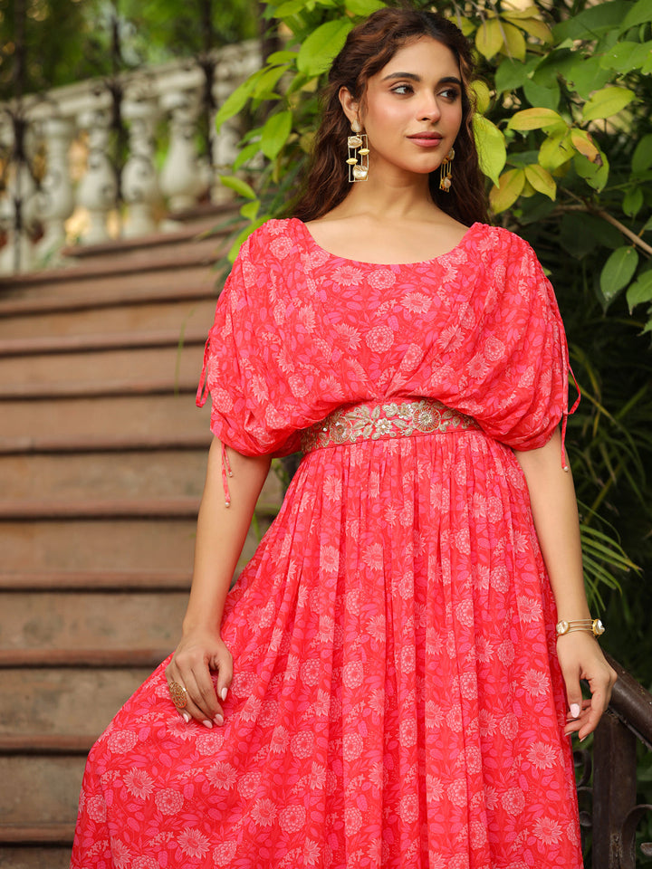 Pink-Georgette-Floral-Print-Flared-Gown