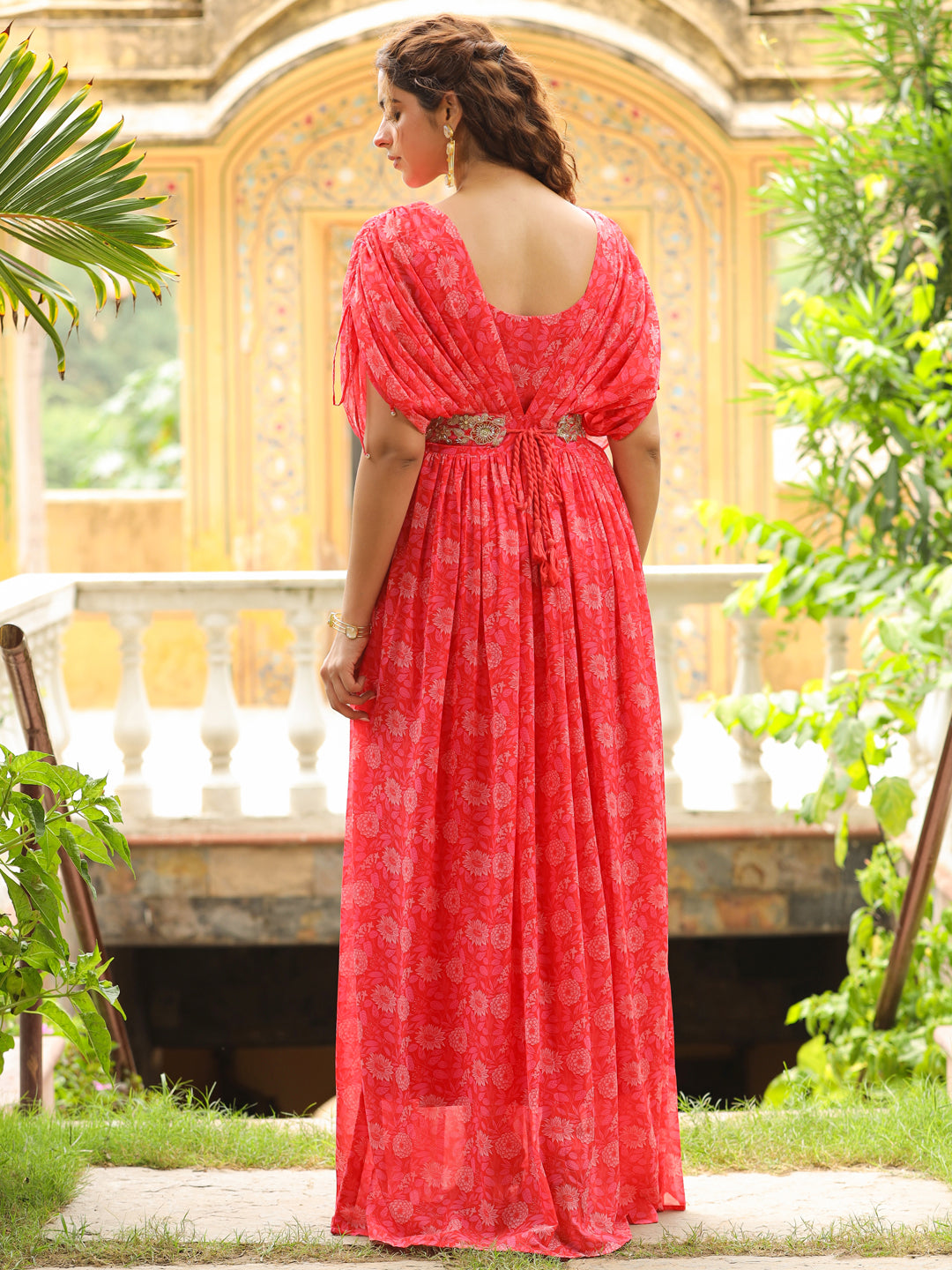 Pink-Georgette-Floral-Print-Flared-Gown