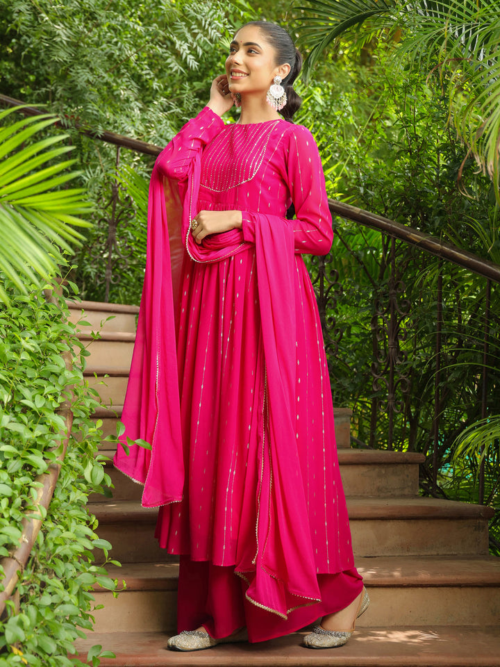 Pink-Georgette-Foil-Print-3-Piece-Kurta-Set