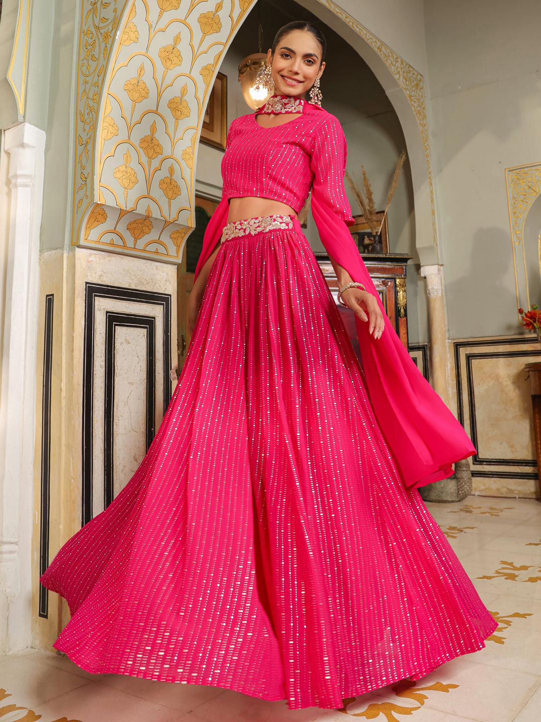 Pink-Georgette-Foil-Print-Lehenga-Set